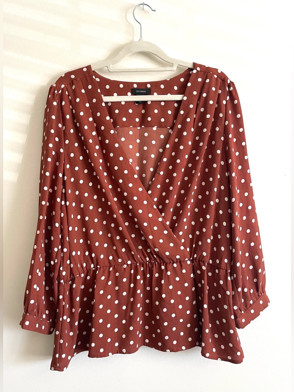 🏓 Halogen Rust and White Polka Dot Peplum Blouse 🏓